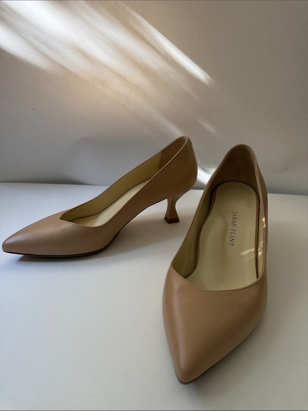 Sarah Flint Tan Pointed Kitten Heel Pumps